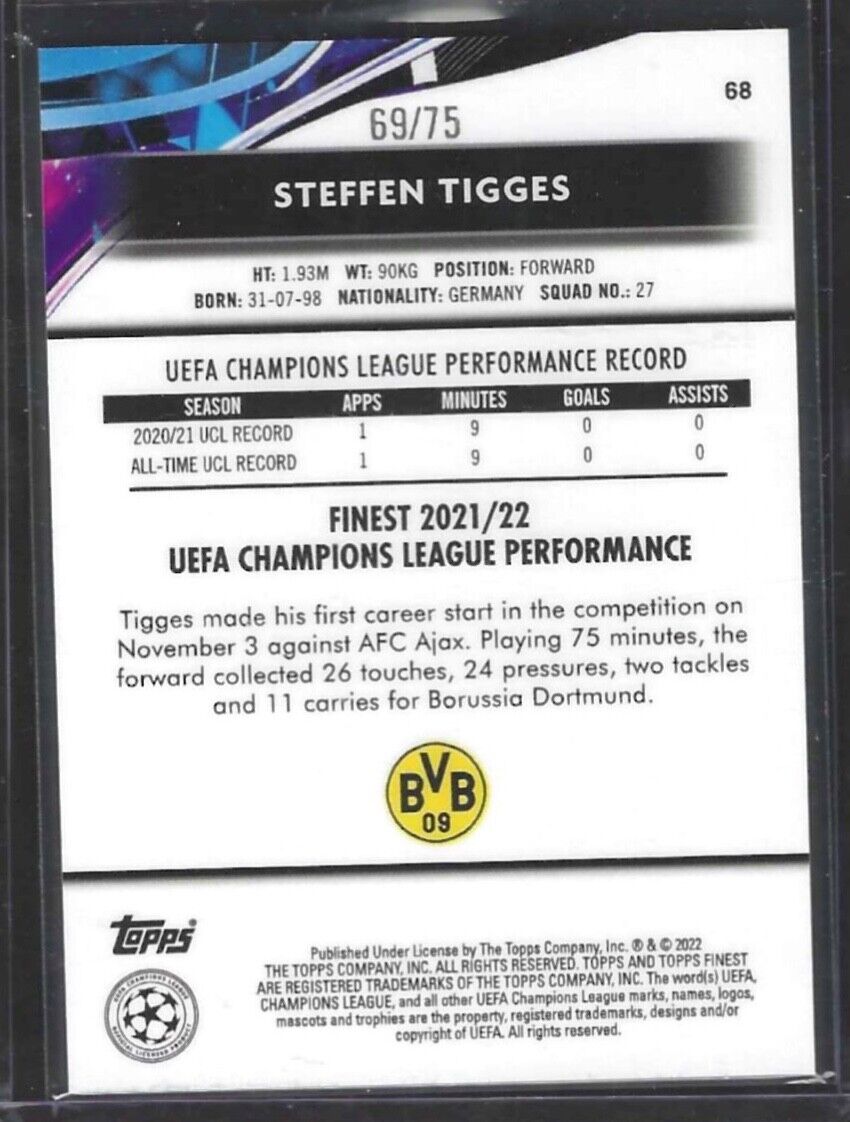 STEFFEN TIGGES 2021-22 TOPPS FINEST AQUA WAVE REFRACTOR ROOKIE RC #D 69/75