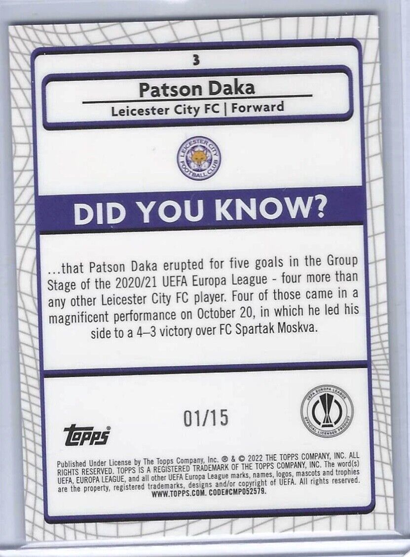 PATSON DAKA 2021-22 TOPPS MERLIN PURPLE REFRACTOR #D 01/15