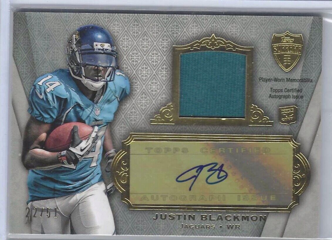 JUSTIN BLACKMON 2012 TOPPS SUPREME JERSEY AUTO RC #D 22/51
