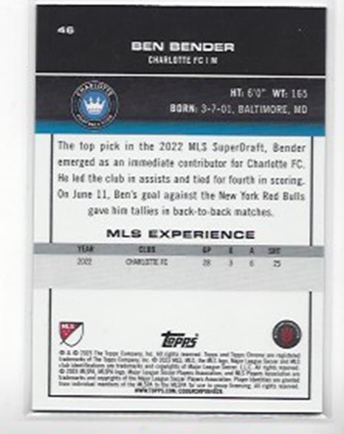 BEN BENDER 2023 TOPPS CHROME MLS AQUA LAVA ROOKIE REFRACTOR RC #D 66/125