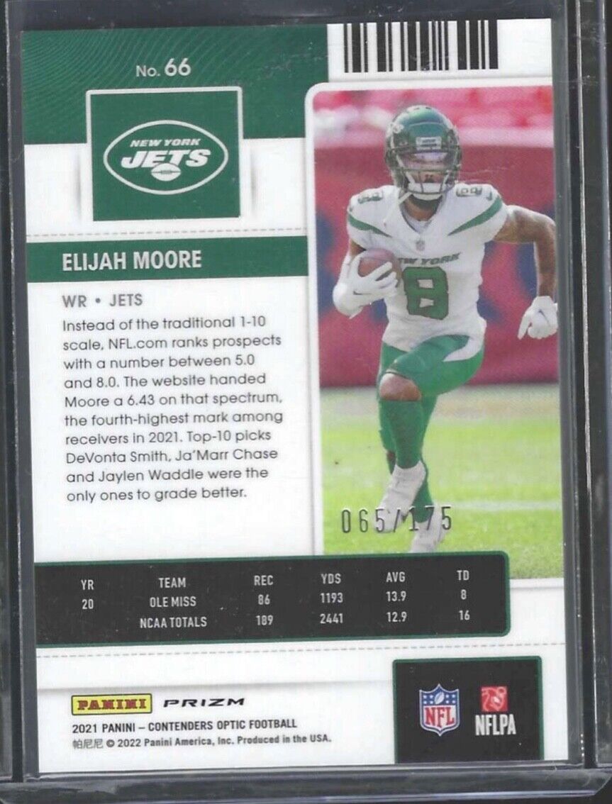 ELIJAH MOORE 2021 PANINI OPTIC CONTENDERS RED PRIZM ROOKIE TICKET RC #D 065/175