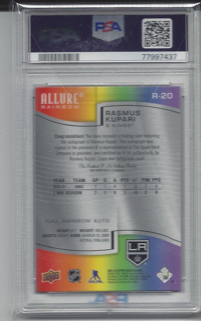 RASMUS KUPARI 2021-22 UPPER DECK ALLURE RAINBOW AUTO #R20 PSA 10 GEM MT POP 1/1