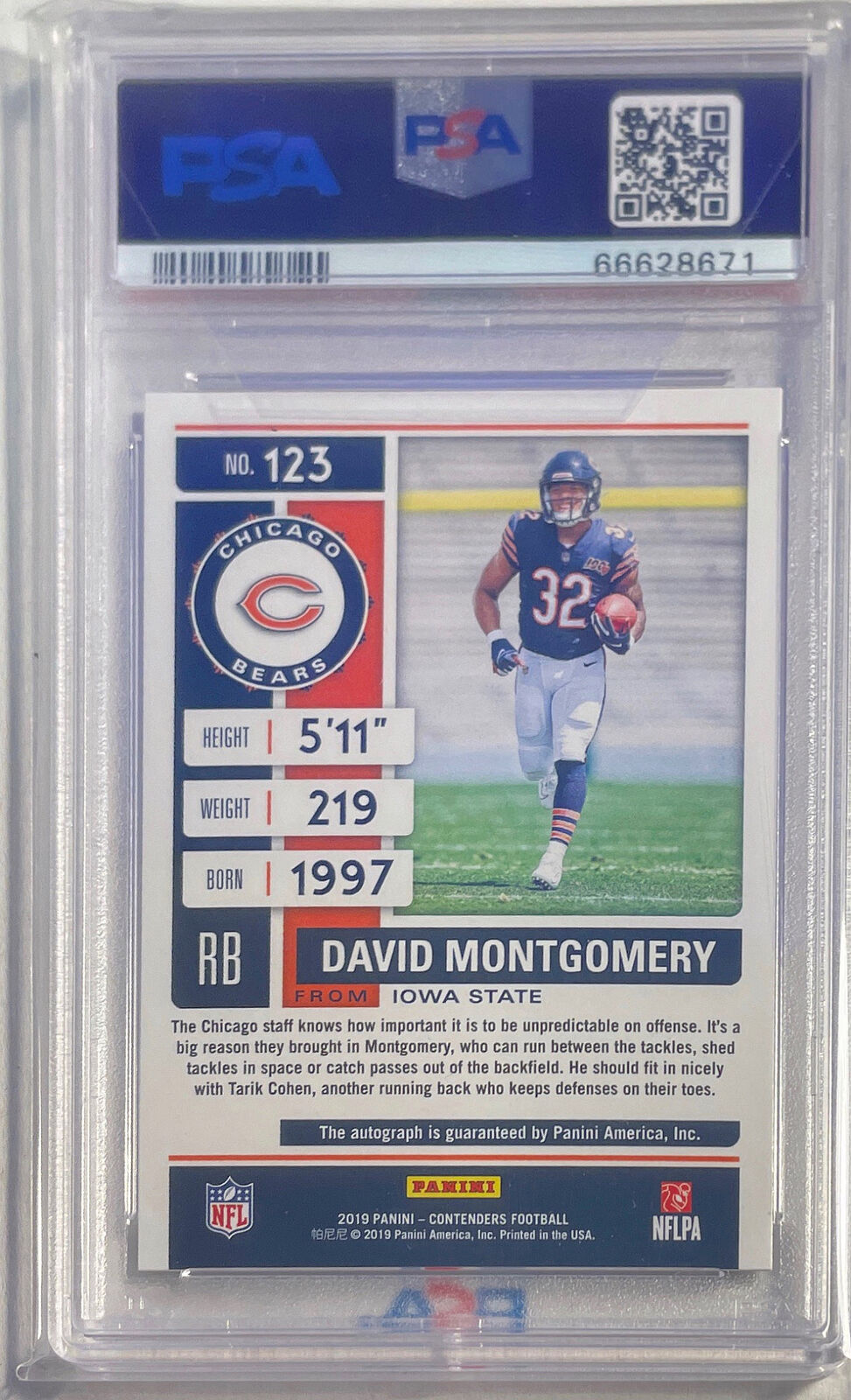 DAVID MONTGOMERY 2019 CONTENDERS TEAM LOGO RED ZONE AUTO RC SP #123 PSA 9 POP 3
