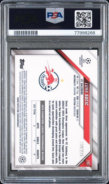 LUKA SUCIC 2021-22 TOPPS CHROME UCL SILVER MINI DIAMOND REFRACTOR RC /275 PSA 10