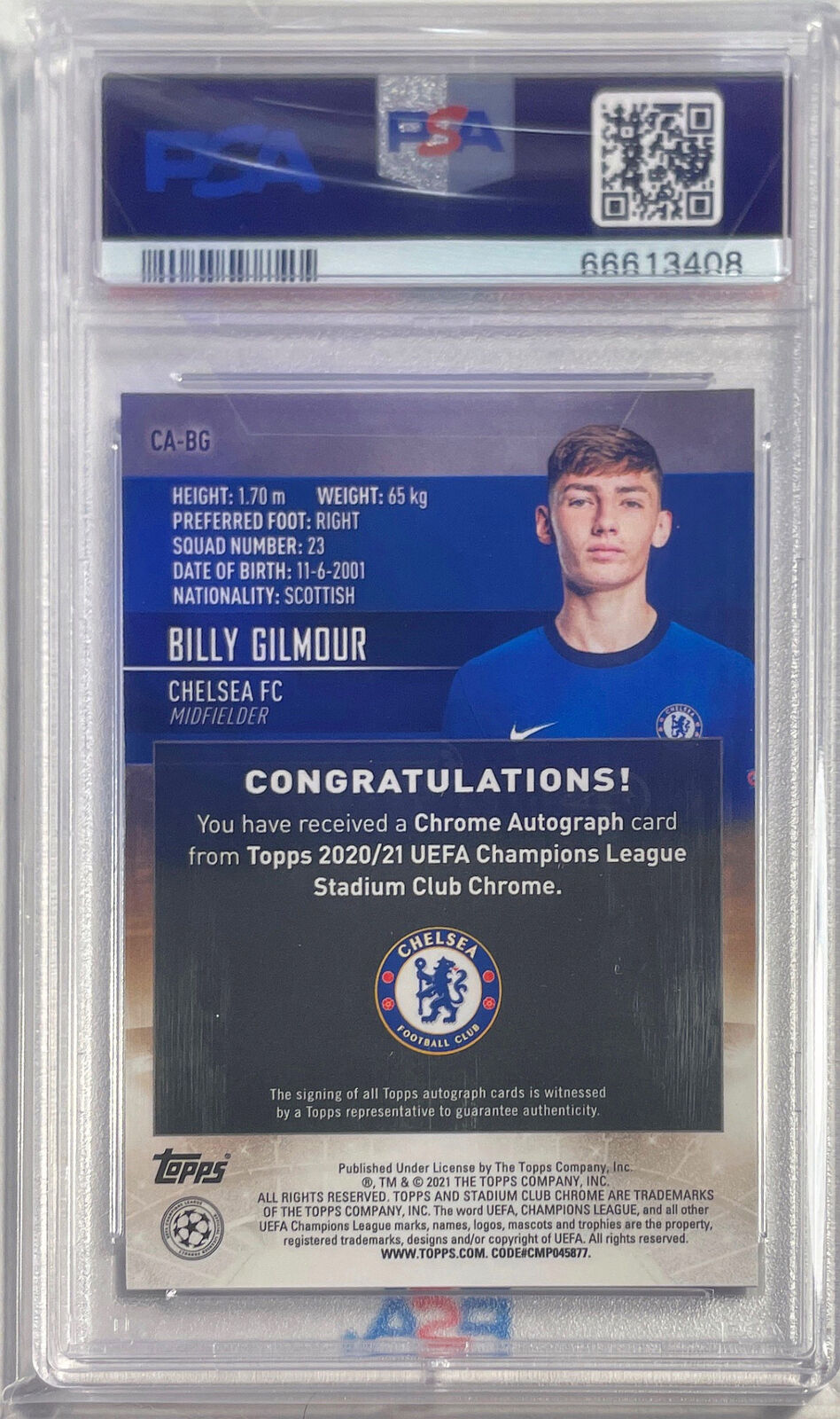 BILLY GILMOUR 2020-21 STADIUM CLUB CHROME UCL REFRACTOR AUTO RC #BG PSA 10 POP 3