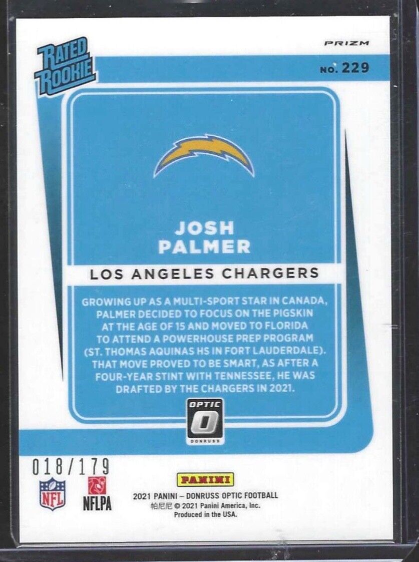 JOSH PALMER 2021 PANINI DONRUSS OPTIC BLUE HOLO PRIZM RATED ROOKIE RC #D 018/179