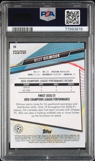 BILLY GILMOUR 2020-21 TOPPS FINEST UCL PURPLE REFRACTOR RC /250 PSA 10 GEM POP 3