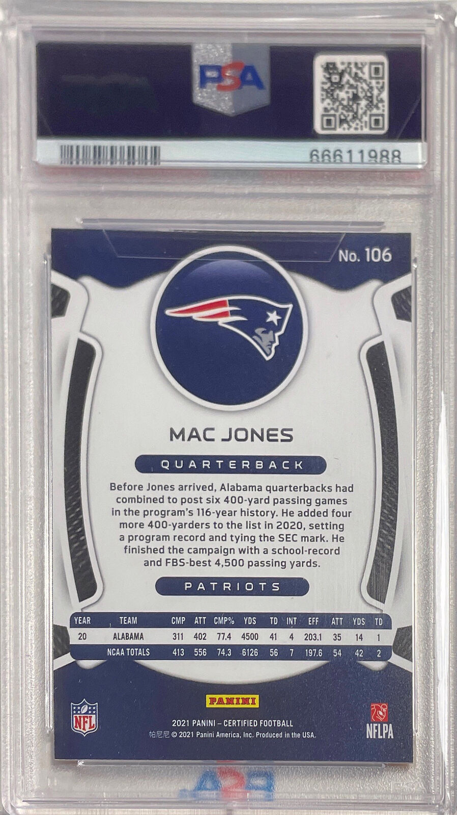 MAC JONES 2021 CERTIFIED MIRROR BRONZE ROOKIE RC #D 83/249 PSA 10 GEM POP 14