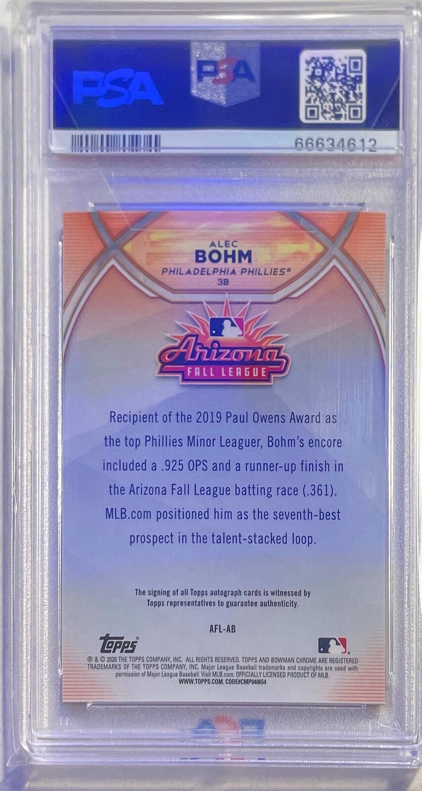 ALEC BOHM 2020 BOWMAN CHROME 2019 AFL FALL STARS AUTO #AFLAB PSA 10 GEM POP 2