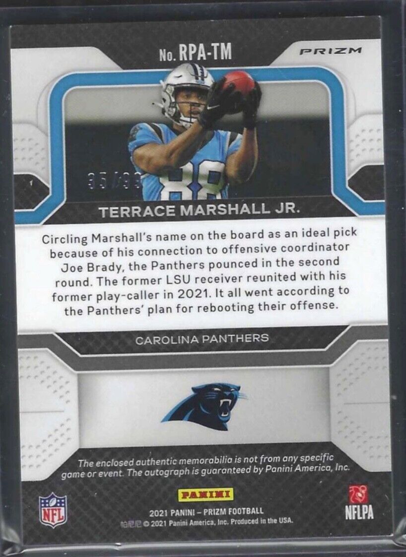 TERRACE MARSHALL JR 2021 PANINI PRIZM SILVER RPA ROOKIE PATCH AUTO RC #D 35/99