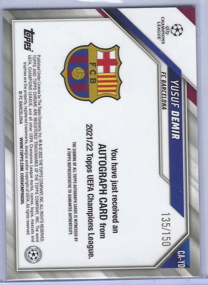 YUSUF DEMIR 2021-22 TOPPS CHROME UEFA BLUE REFRACTOR ROOKIE AUTO RC #D 135/150