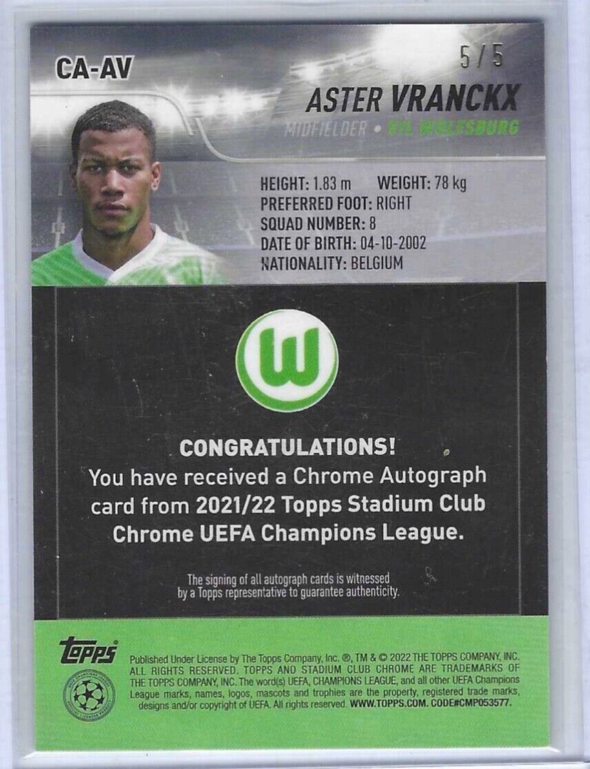 ASTER VRANCKX 2021-22 STADIUM CLUB CHROME RED WAVE REFRACTOR AUTO RC #D 5/5