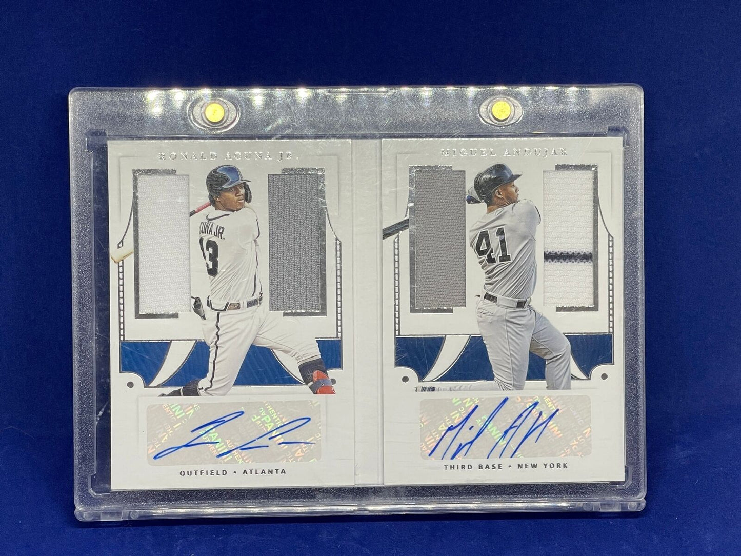 RONALD ACUNA MIGUEL ANDUJAR 2019 NATIONAL TREASURES BOOKLET JERSEY AUTO #D 57/99