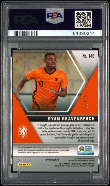 RYAN GRAVENBERCH 2020 MOSAIC EURO PURPLE FLUORESCENT PRIZM RC /70 PSA 10 POP 3