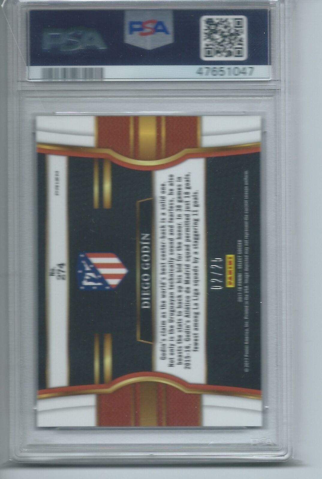 DIEGO GODIN 2017-18 PANINI SELECT ZEBRA PRIZM FIELD LEVEL #D 2/25 PSA 10 POP 1/1