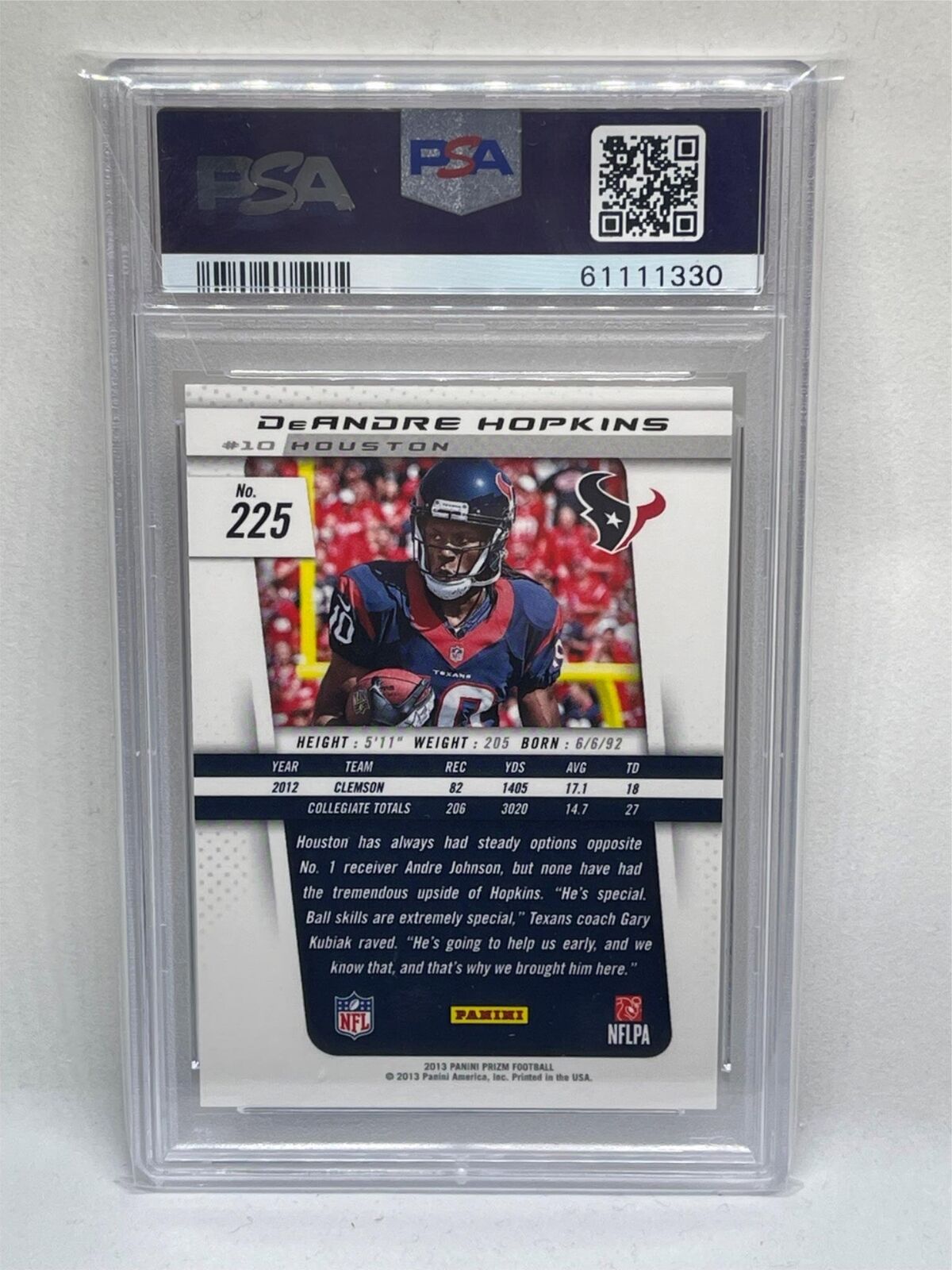 DEANDRE HOPKINS 2013 PANINI PRIZM ROOKIE RC #225 PSA 9 MINT