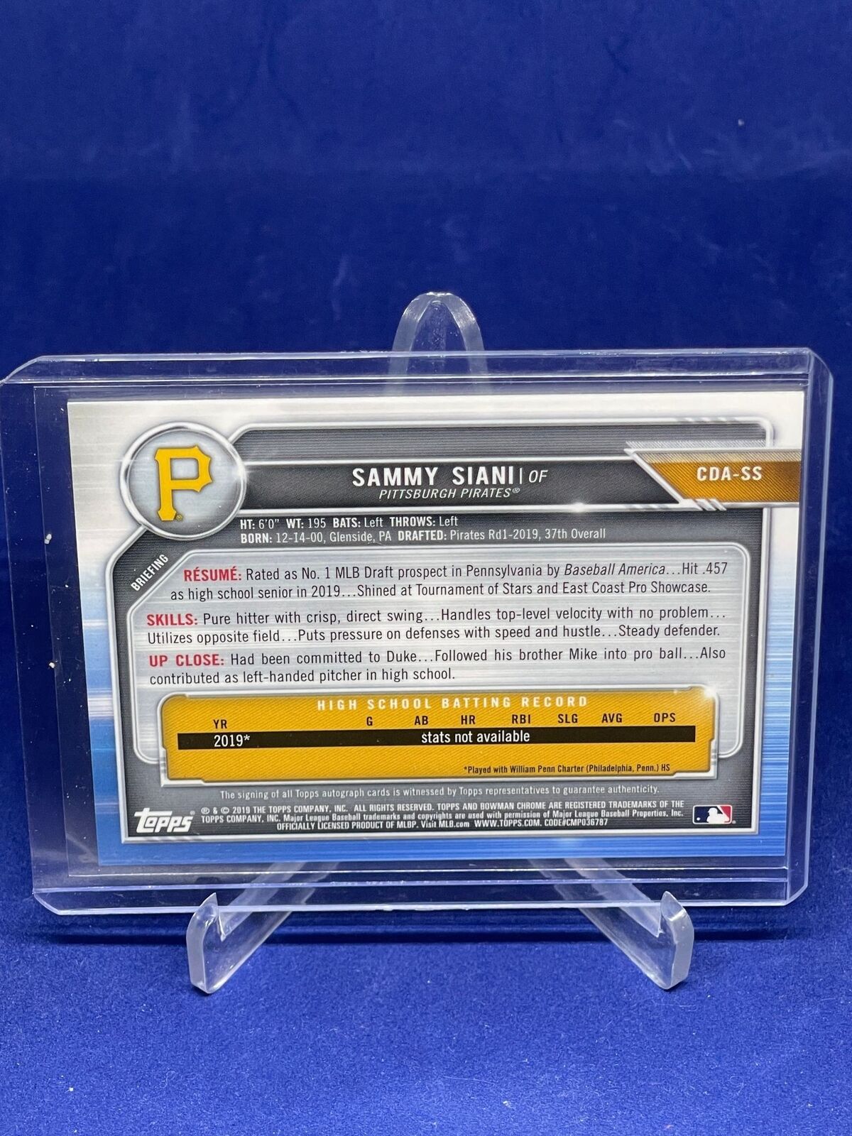 SAMMY SIANI 2019 BOWMAN CHROME 1ST PURPLE REFRACTOR ON CARD AUTO #D 21/250
