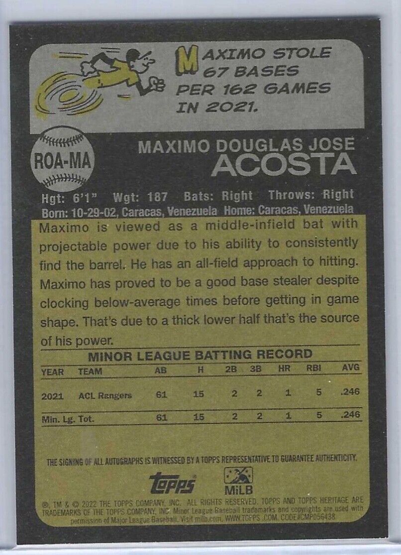 MAXIMO ACOSTA 2022 TOPPS HERITAGE MINOR LEAGUE PROSPECT REAL ONE AUTO #ROA-MA