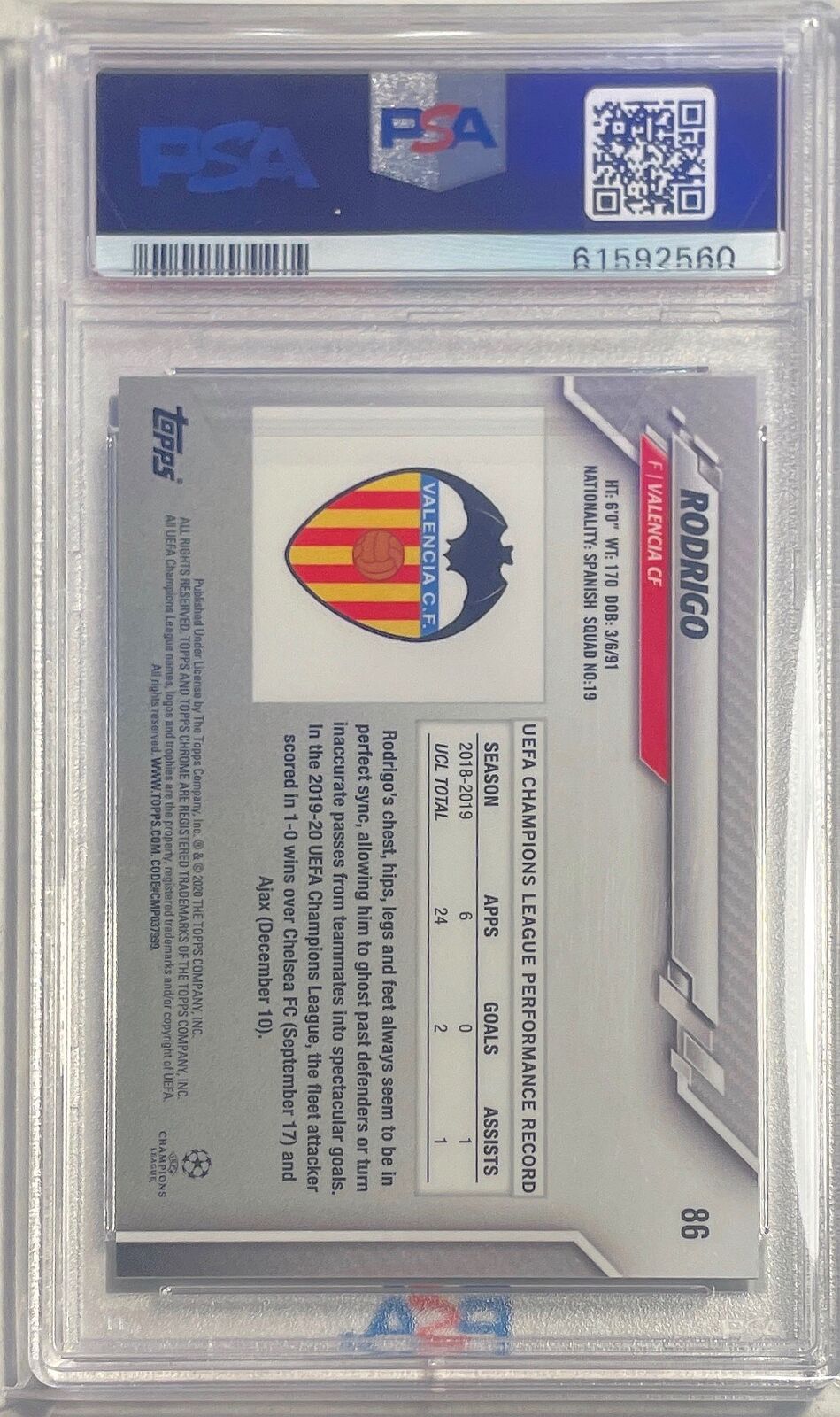 RODRIGO 2019-20 TOPPS CHROME UCL PURPLE CARBON FIBER REFRACTOR #86 PSA 10 POP 3