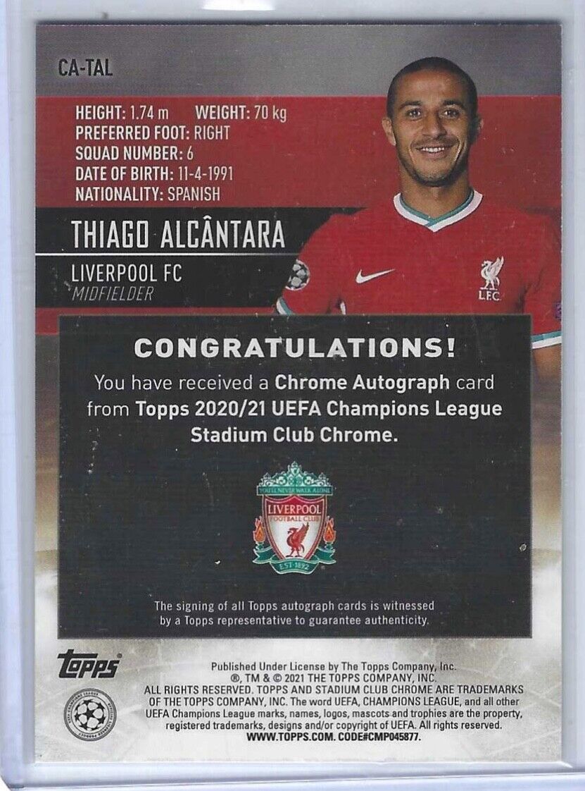 THIAGO ALCANTARA 2020-21 TOPPS STADIUM CLUB CHROME SILVER REFRACTOR AUTO #CA-TAL