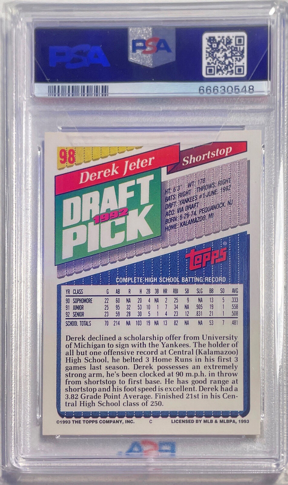 DEREK JETER 1993 TOPPS ROOKIE RC #98 PSA 8 NR-MT
