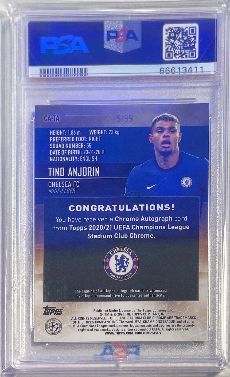 TINO ANJORIN 2020 STADIUM CLUB CHROME GREEN REFRACTOR AUTO RC /99 PSA 10 POP 1/1