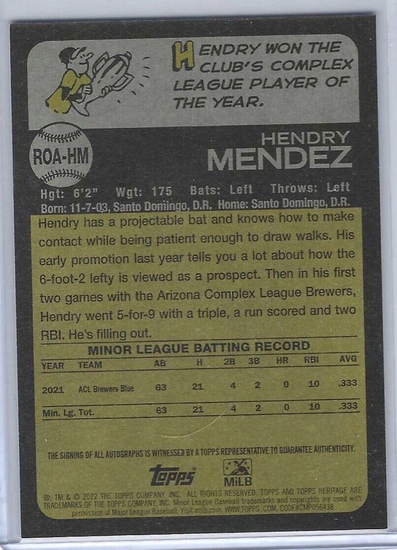 HENDRY MENDEZ 2022 TOPPS HERITAGE MINOR LEAGUE PROSPECT REAL ONE AUTO #ROA-HM