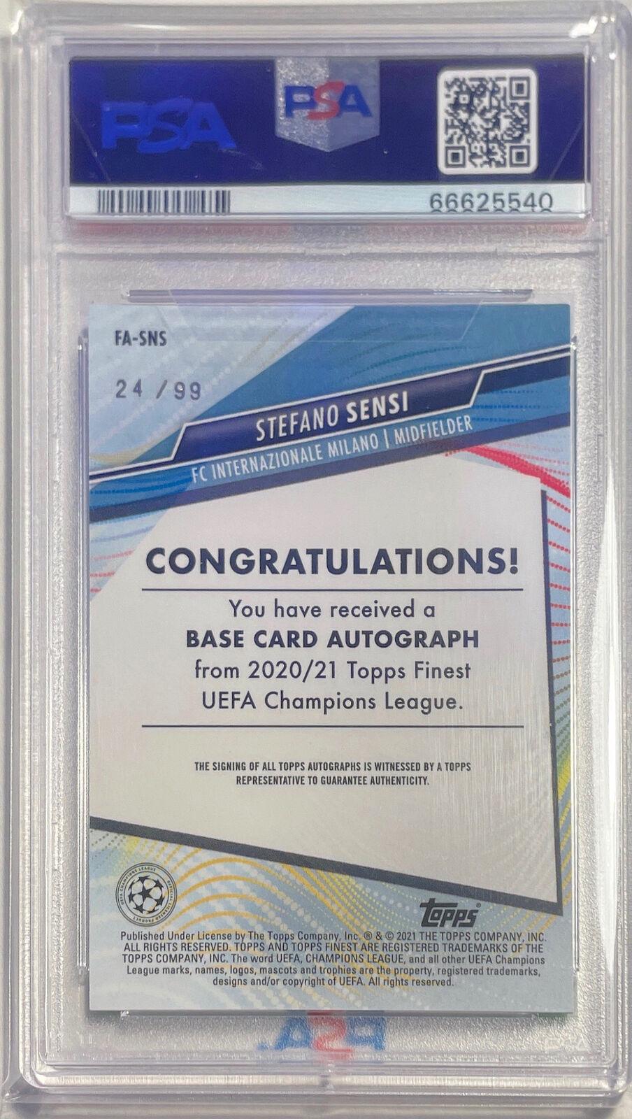 STEFANO SENSI 2020-21 FINEST UCL NEON GREEN REFRACTOR AUTO /99 PSA 9 POP 1/1