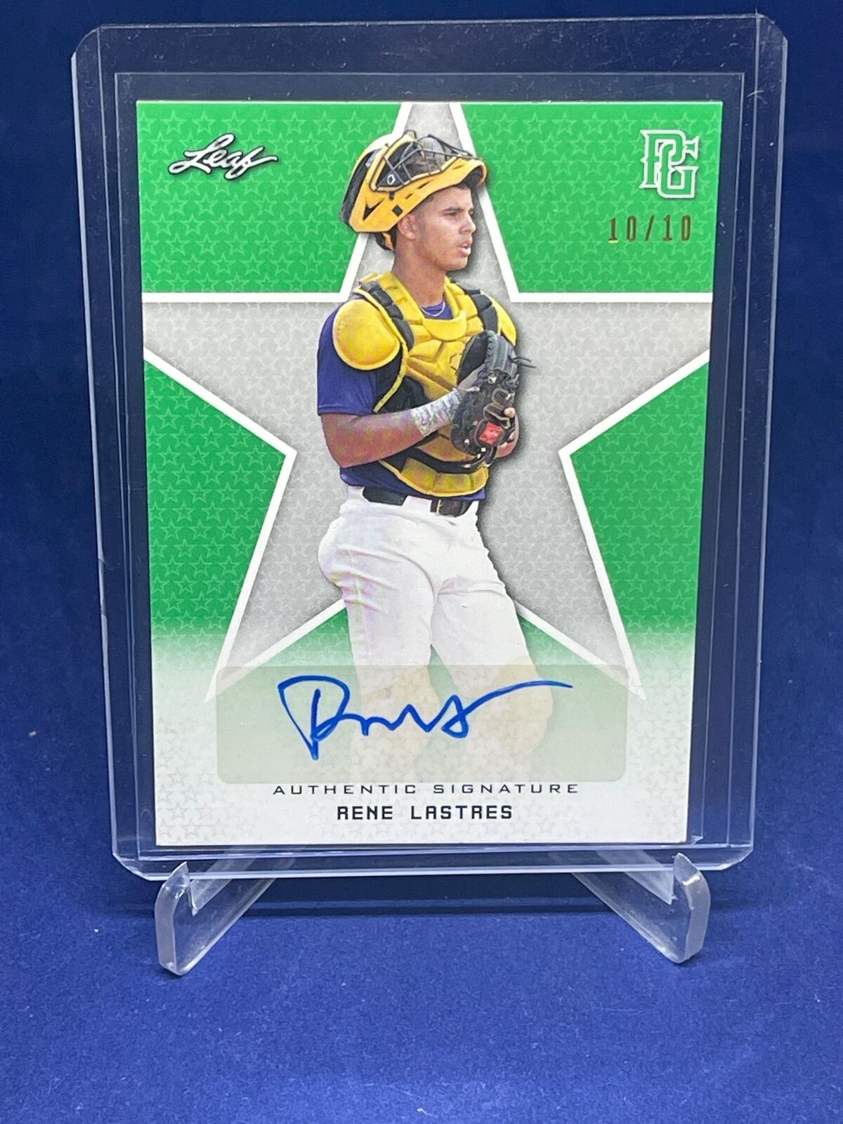 RENE LASTRES 2020 LEAF PERFECT GAME NATIONAL SHOWCASE GREEN AUTO #D 10/10