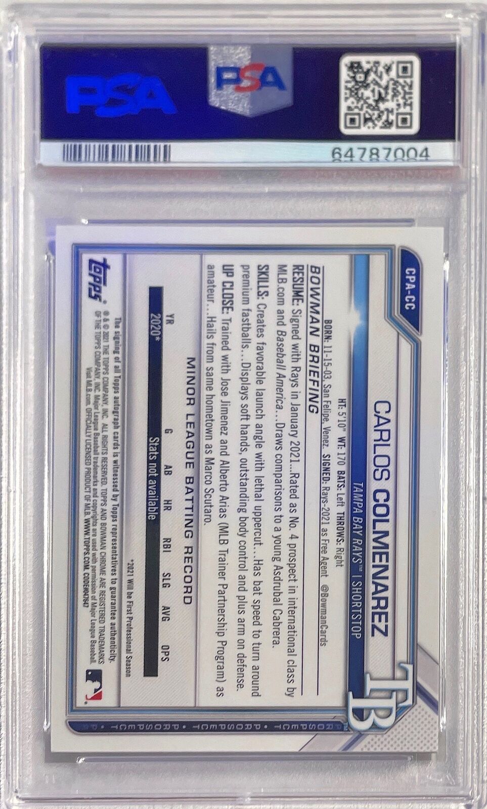 CARLOS COLMENAREZ 2021 BOWMAN CHROME 1ST PROSPECT AUTO #CPACC PSA 10 GEM MINT