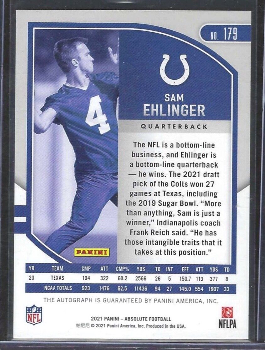 SAM EHLINGER 2020 PANINI ABSOLUTE ROOKIE AUTO RC #179