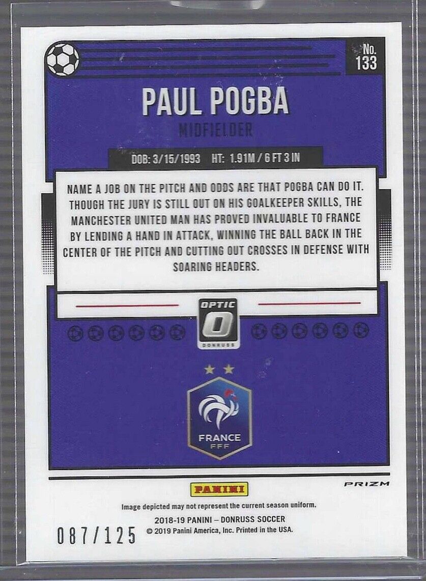 PAUL POGBA 2018-19 PANINI DONRUSS OPTIC PURPLE VELOCITY HOLO PRIZM #D 087/125