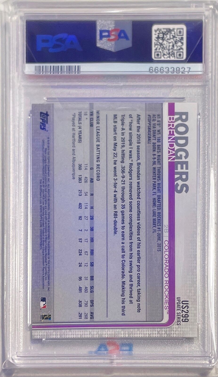 BRENDAN RODGERS 2019 TOPPS UPDATE THROWING RAINBOW FOIL RC #US299 PSA 10 POP 34