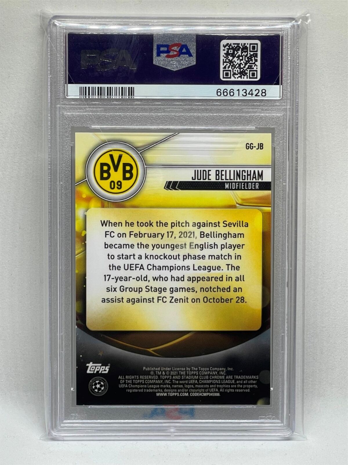 JUDE BELLINGHAM 2020 TOPPS STADIUM CLUB CHROME UCL GLIMPSES OF GOLD RC PSA 9