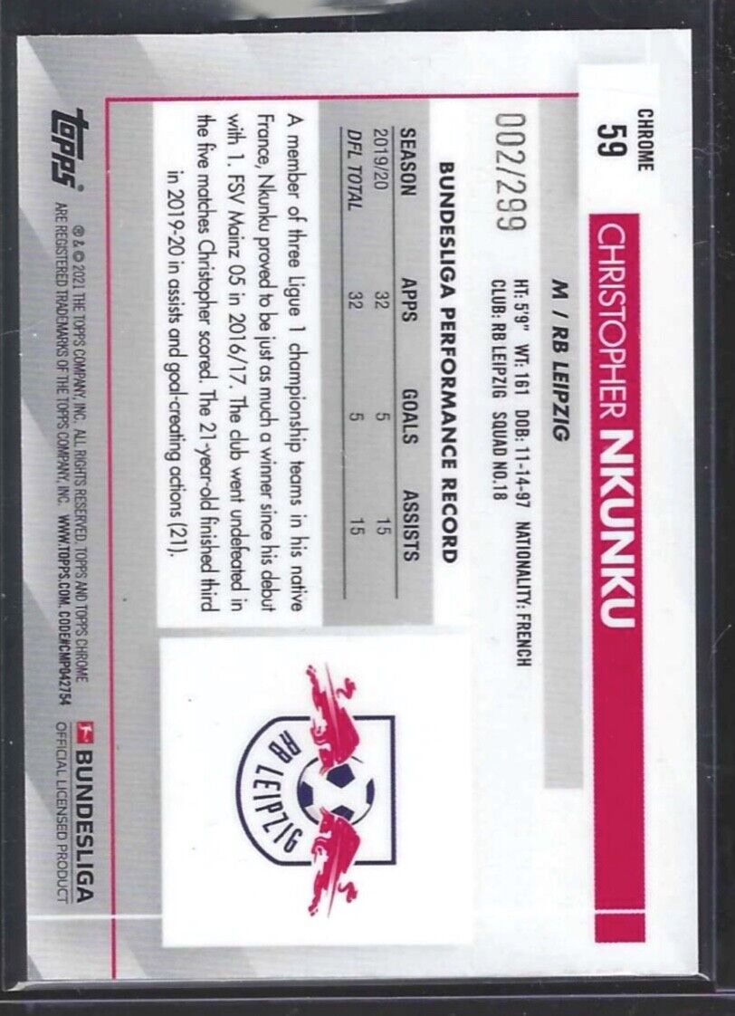 CHRISTOPHER NKUNKU 2020-21 TOPPS CHROME PURPLE ROOKIE REFRACTOR RC #D 002/299