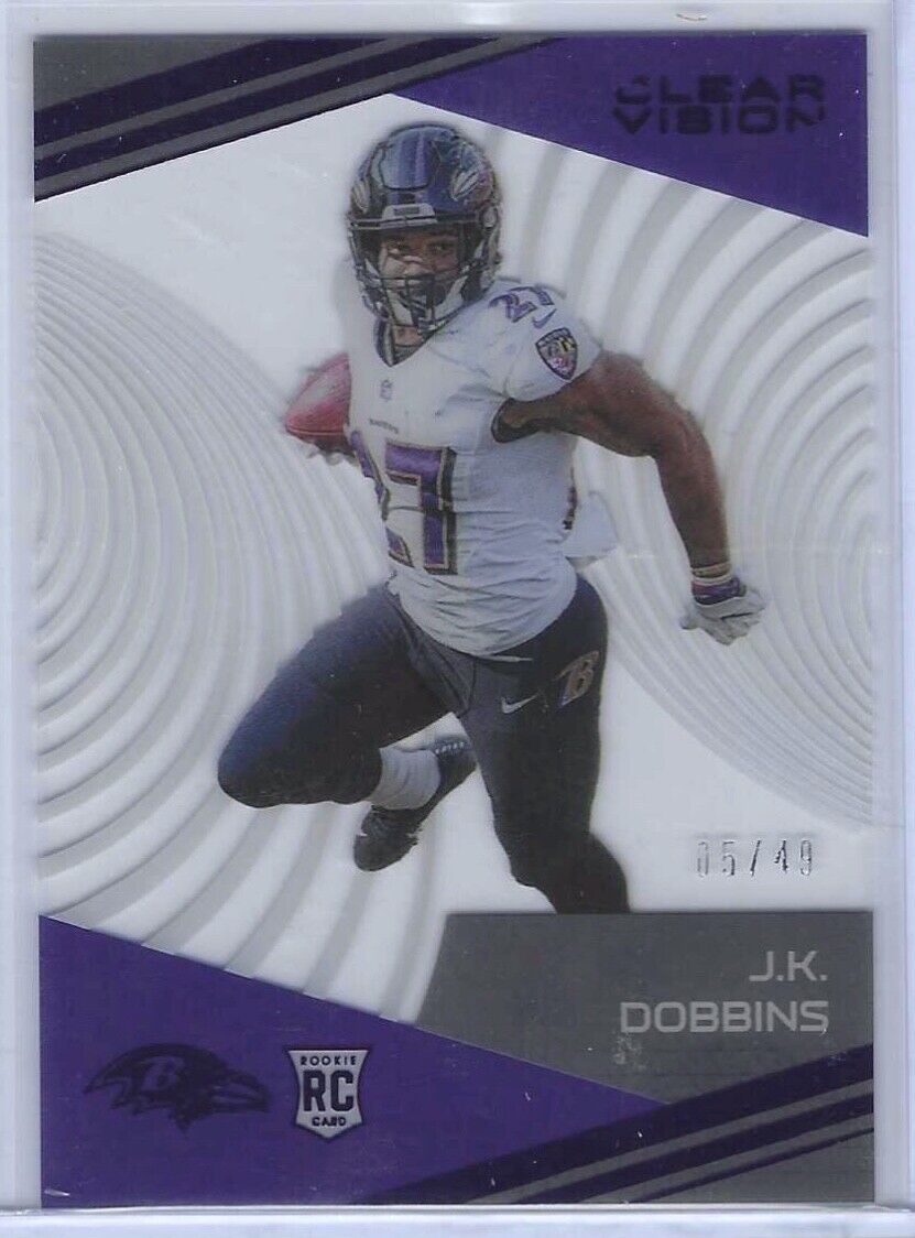 JK DOBBINS 2020 PANINI CHRONICLES CLEAR VISION PURPLE ACETATE RC #D 05/49