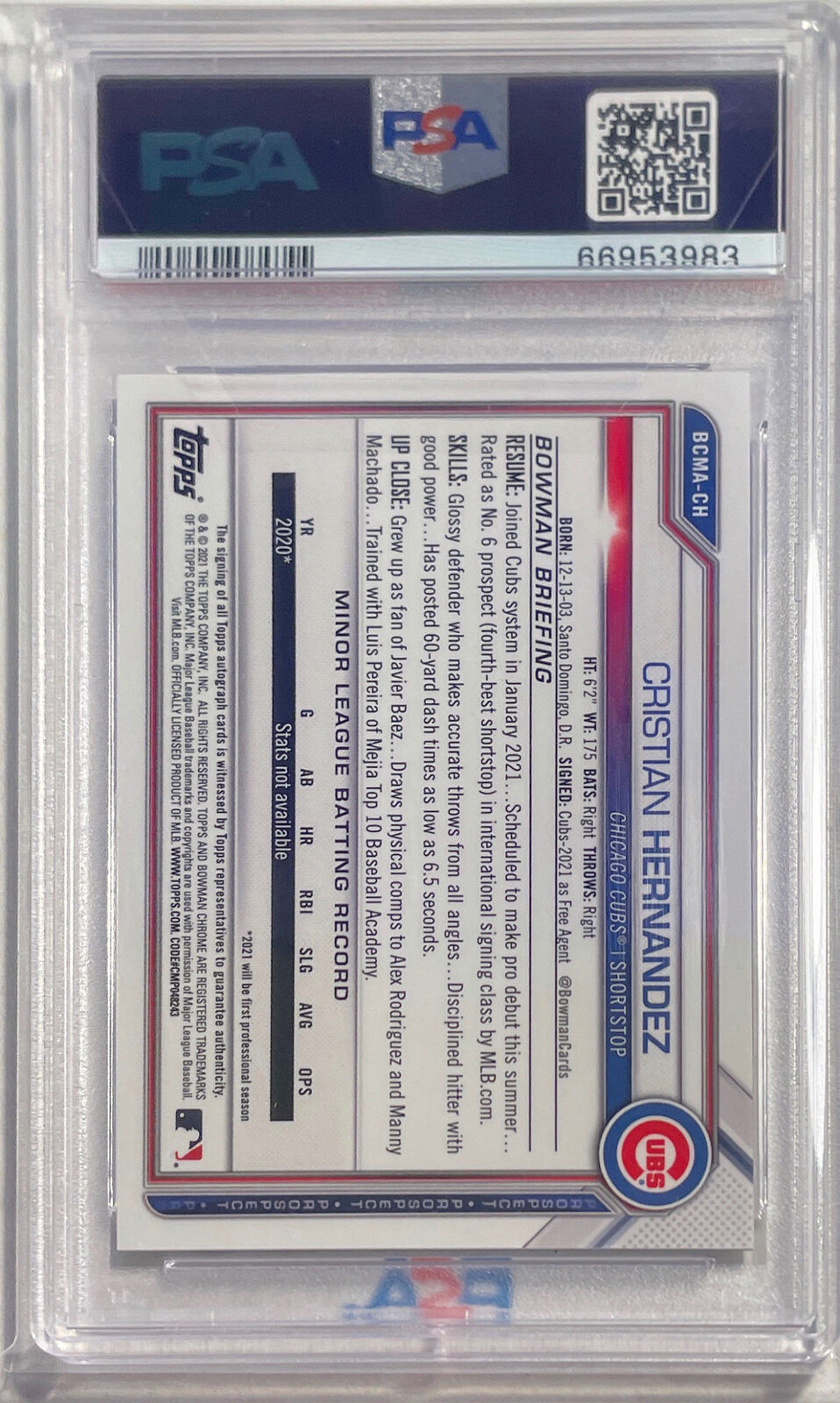 CRISTIAN HERNANDEZ 202 BOWMAN CHROME MEGA BOX REFRACTOR AUTO #CH PSA 10 GEM MINT