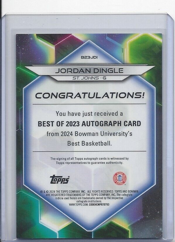 JORDAN DINGLE 2023 BOWMANS BEST TEAL GEOMETRIC REFRACTOR ST JOHNS AUTO #D 15/15