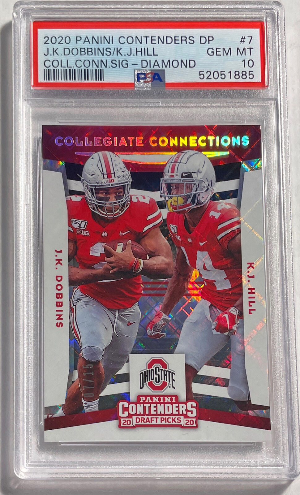 J.K DOBBINS K.J. HILL 2020 CONTENDERS CONNECTIONS DIAMOND RC /15 PSA 10 POP 1/1