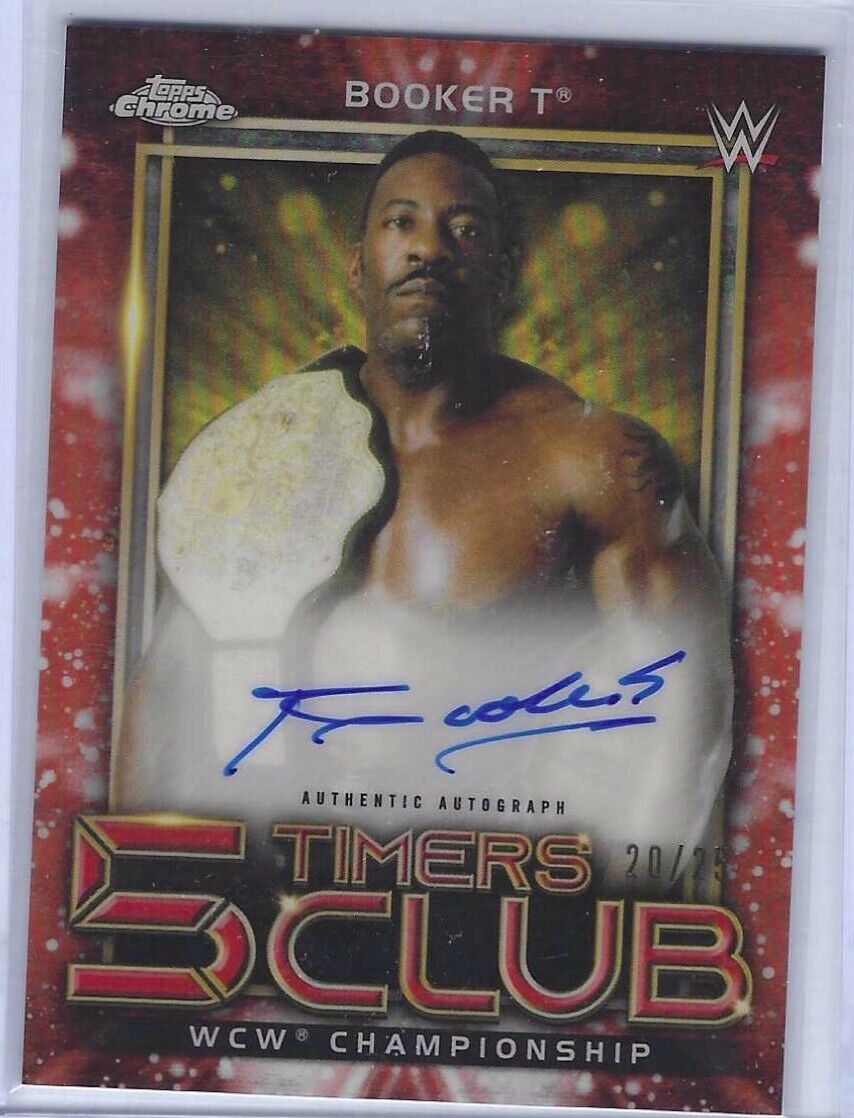 BOOKER T 2021 TOPPS CHROME WWE 5 TIMERS CLUB ORANGE REFRACTOR AUTO #D 20/25