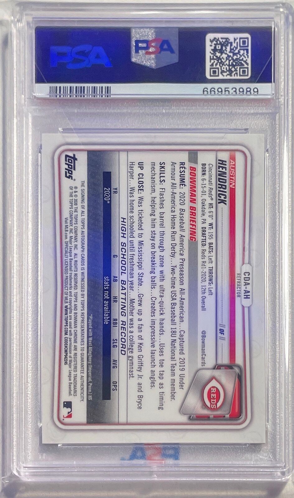 AUSTIN HENDRICK 2020 BOWMAN CHROME 1ST REFRACTOR AUTO RC #D 175/499 PSA 10 GEM