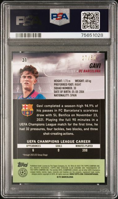 GAVI 2021 TOPPS STADIUM CLUB CHROME GOLD REFRACTOR VARIATION RC #D 27/50 PSA 9