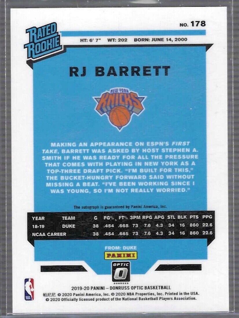 RJ BARRETT 2019-20 PANINI DONRUSS OPTIC RATED ROOKIE ON CARD AUTO RC #178
