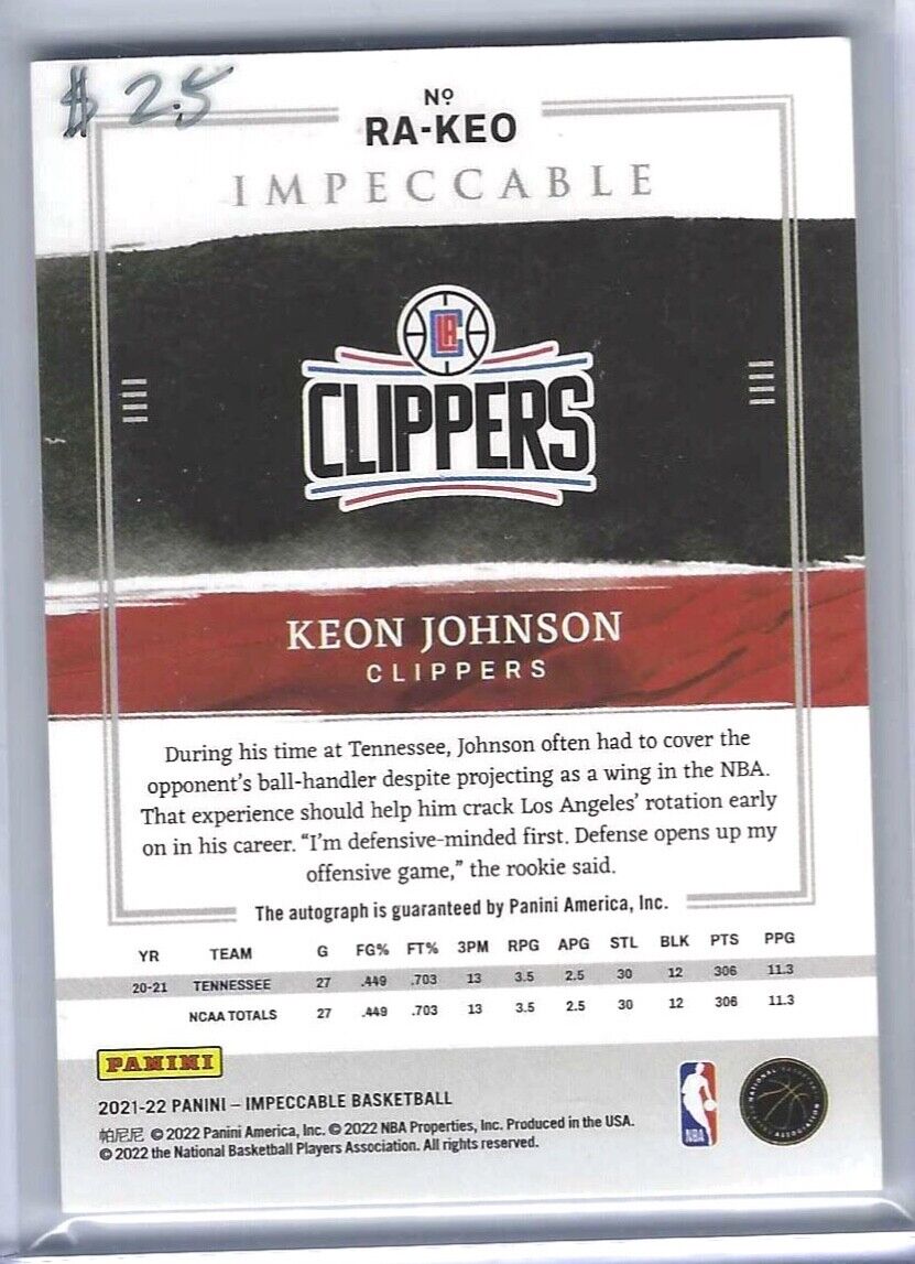 KEON JOHNSON 2021-22 PANINI IMPECCABLE SILVER ROOKIE ON CARD AUTO RC #D 16/25