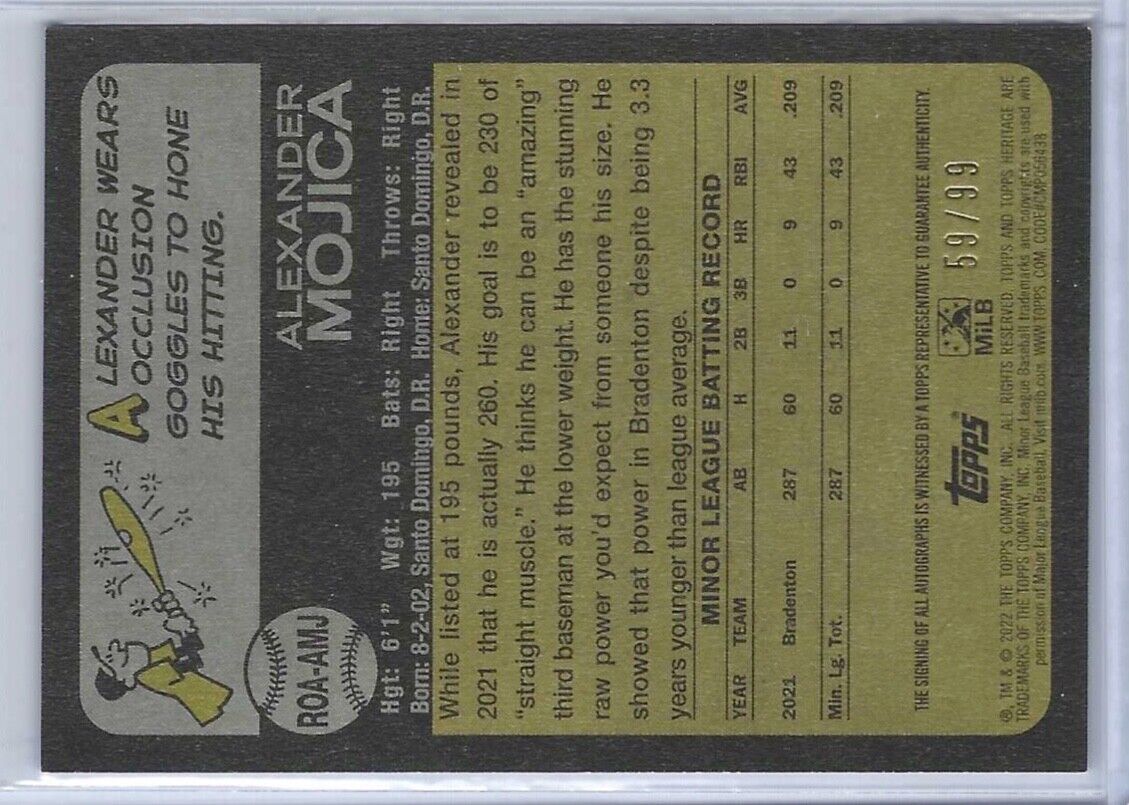 ALEXANDER MOJICA 2022 TOPPS HERITAGE MINOR LEAGUE BLUE PROSPECT REALONE AUTO /99