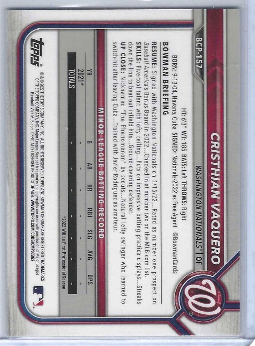 CRISTHIAN VAQUERO 2022 BOWMAN CHROME 1ST BOWMAN PROSPECT #BCP-157