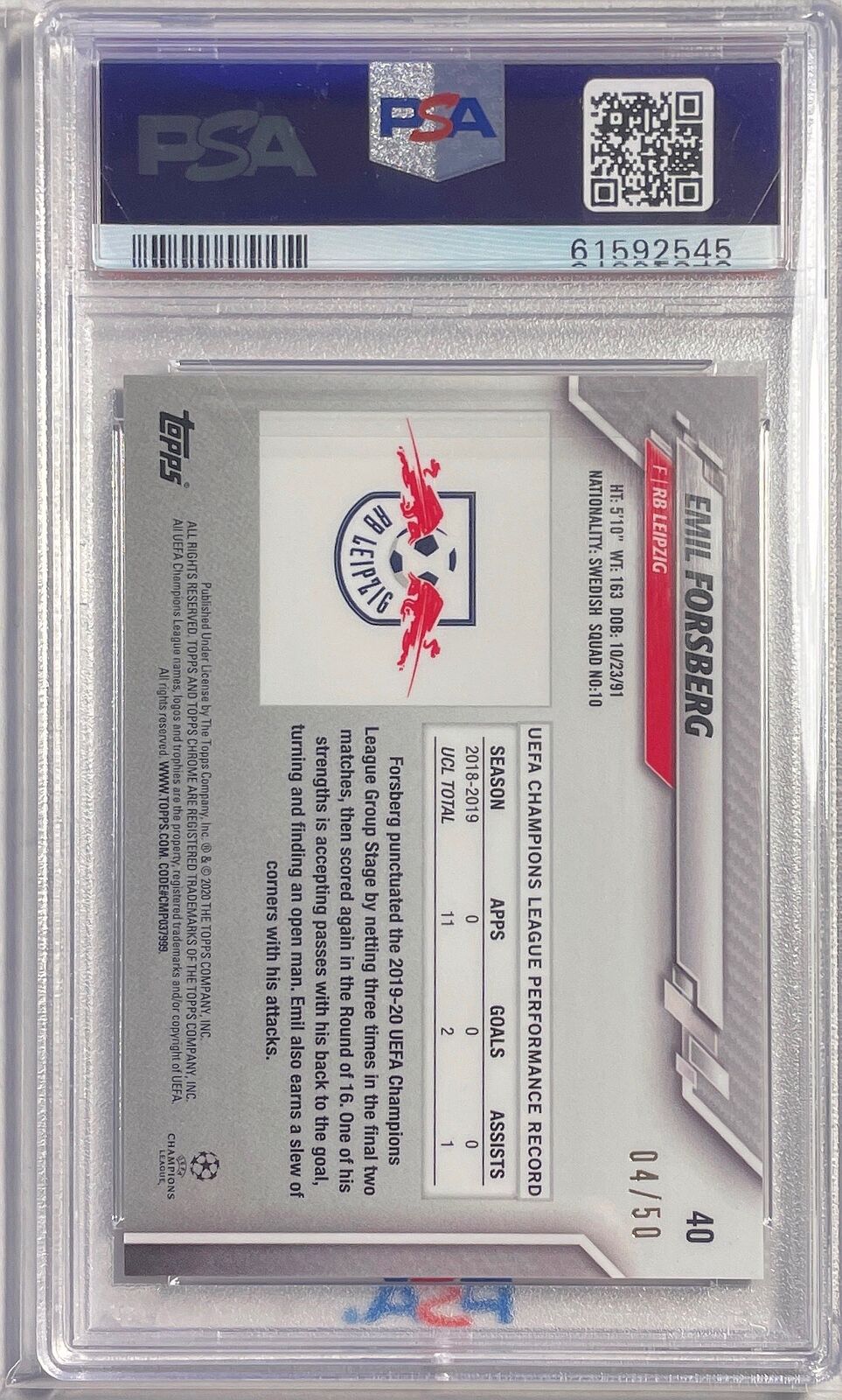 EMIL FORSBERG 2019-20 TOPPS CHROME UCL GOLD REFRACTOR #D 4/50 PSA 9 MINT POP 1/1