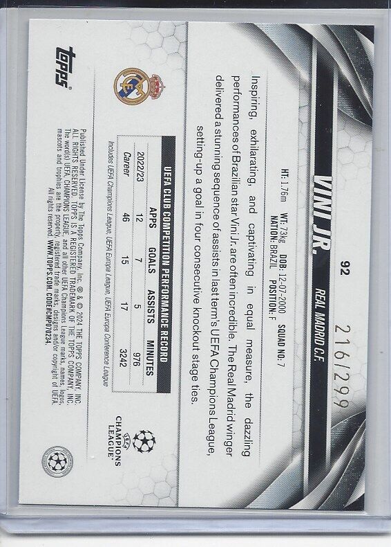 VINICIUS VINI JR 2023-24 TOPPS CLUB COMPETITIONS PURPLE FOIL #D 216/299