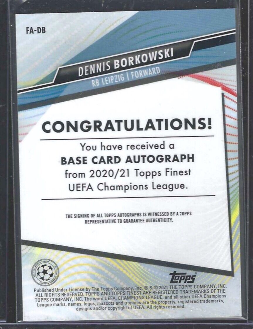 DENNIS BORKOWSKI 2020-21 TOPPS FINEST UCL SILVER REFRACTOR ROOKIE AUTO RC #FA-DB