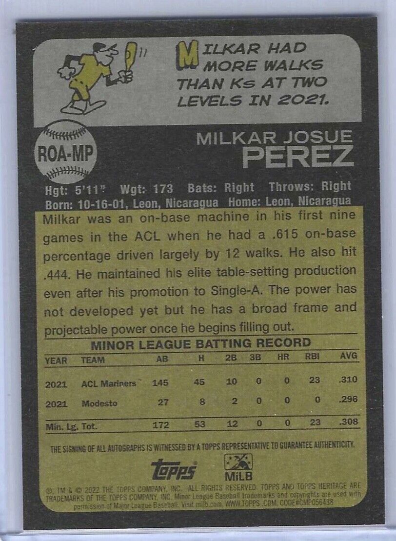 MILKAR PEREZ 2022 TOPPS HERITAGE MINOR LEAGUE PROSPECT REAL ONE AUTO #ROA-MP